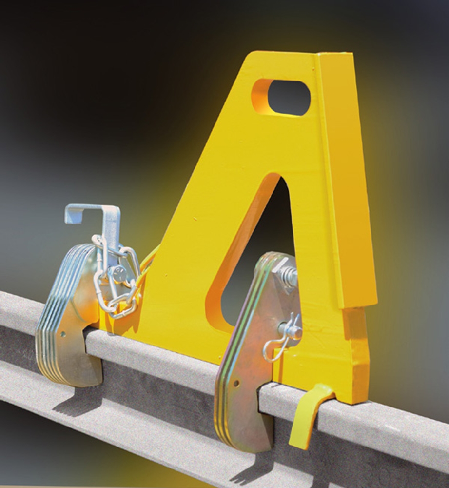 Cushion-Slide Bumper Contact Crane Stop
Wedge stands 15” above top of rail. All standard crane bumper heights can be accommodated.
Cinch plates are made to fit a specific rail size and section.